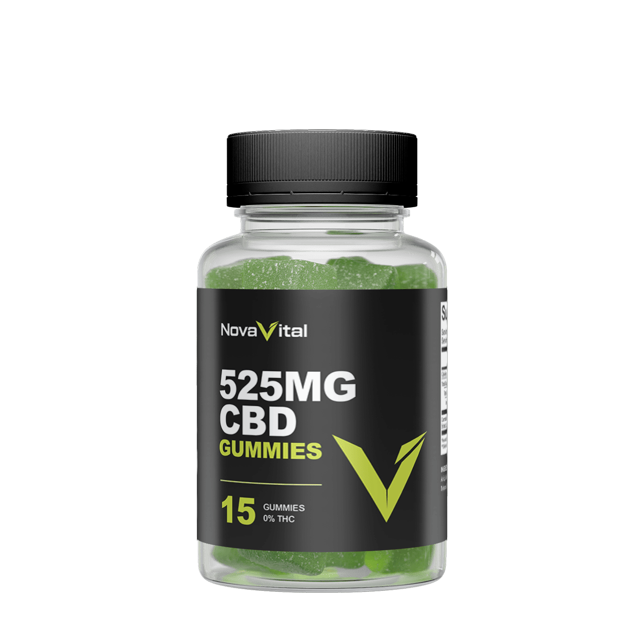 Bottle of NovaVital 525mg CBD gummies with black label and green gummies